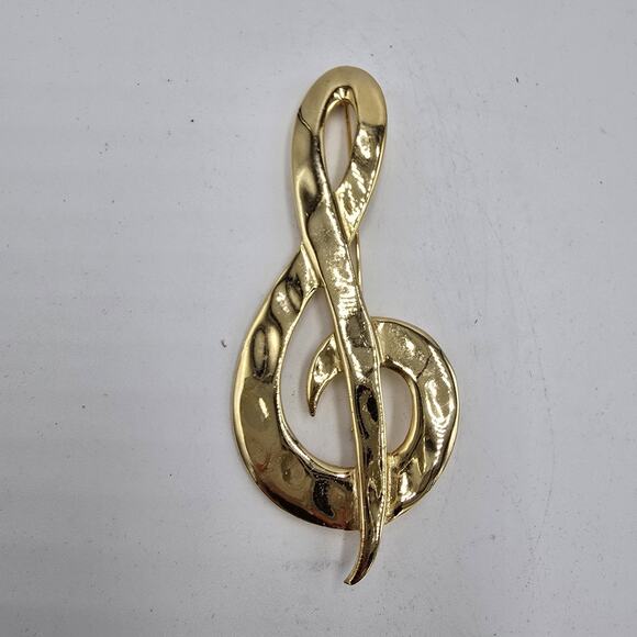 Vintage Musical Note Brooch Pin 3.75" Gold Tone Shiny Hammered Choir Band - Picture 2 of 6